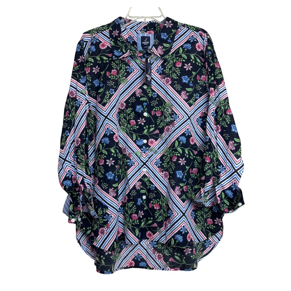 NWT Nautica Jeans Button Down Shirt Womens XL Floral Scarf Print Cotton Cottage